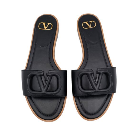 Valentino Garavani VLogo V Logo Flat Slide Sandal Black Leather Size 39 US 9 - Picture 3 of 12